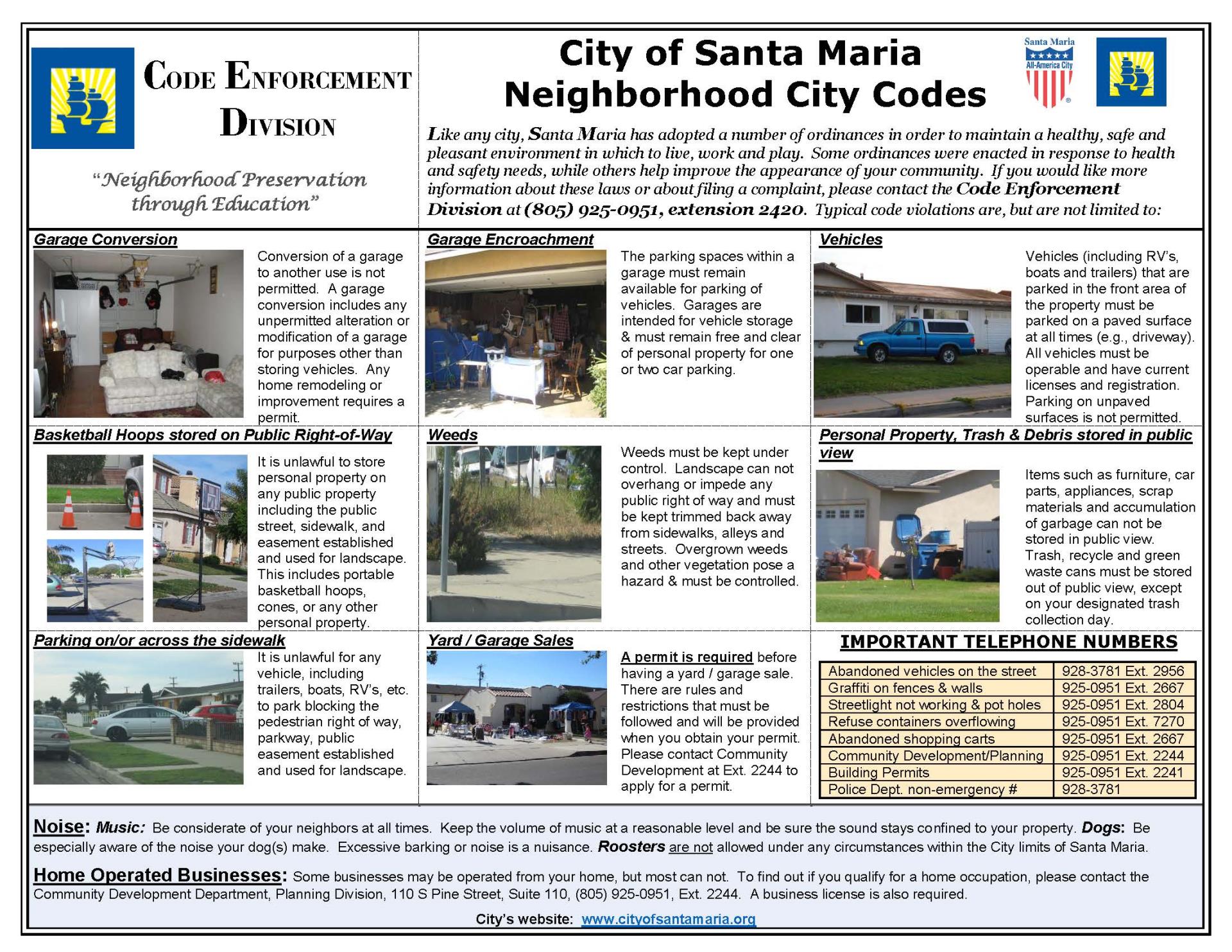Graphic of Neighborhood city codes showing 8 most common offenses, Important telephone numbers are listed: abandonded vehicles hotline is 928-3781 ext. 2956, graffiti hotline is 925-0951 ext. 2667
