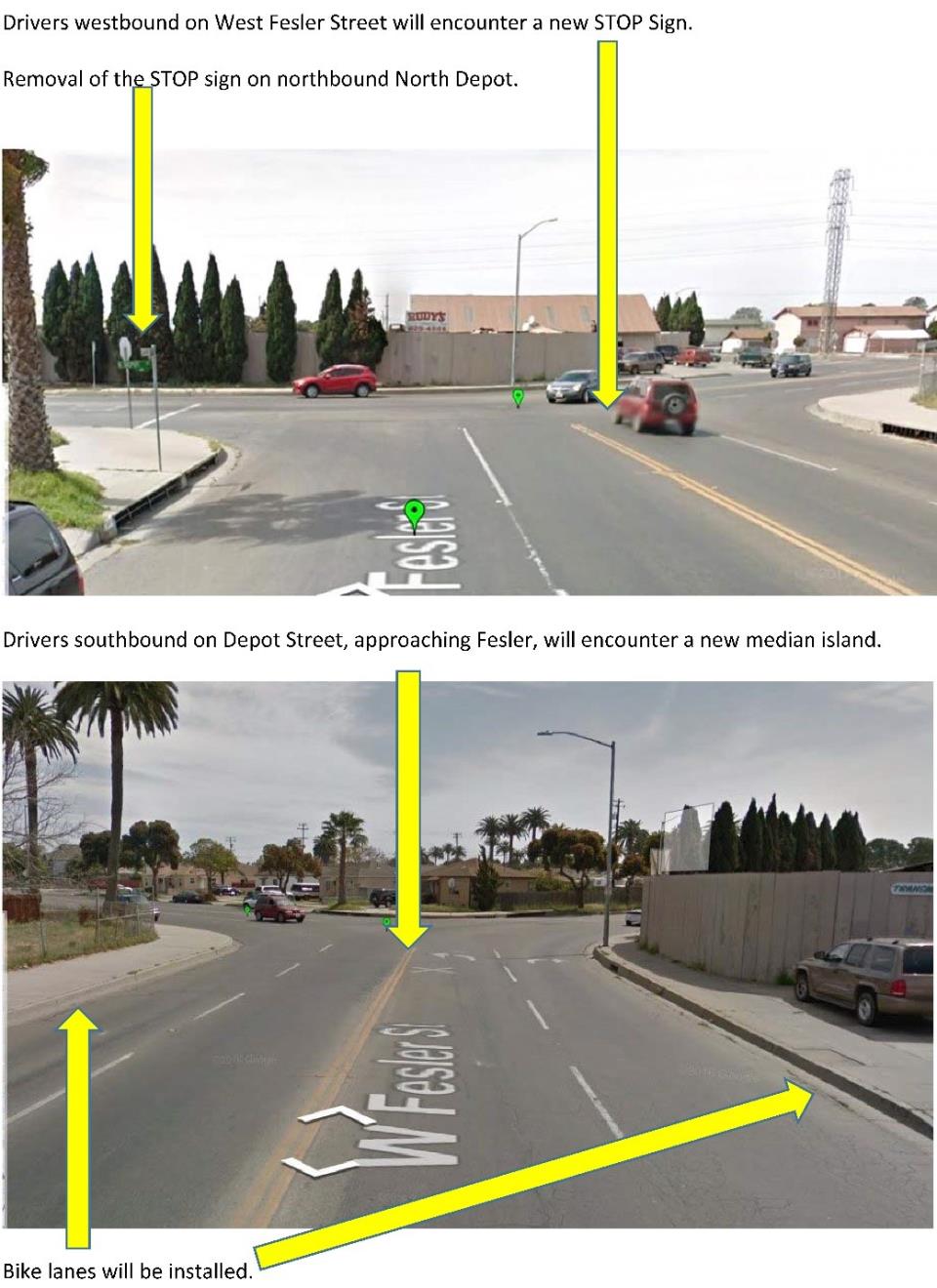 Two photos depicting traffic flow improvements at the intersections of Fesler, Depot, and Railroad streets