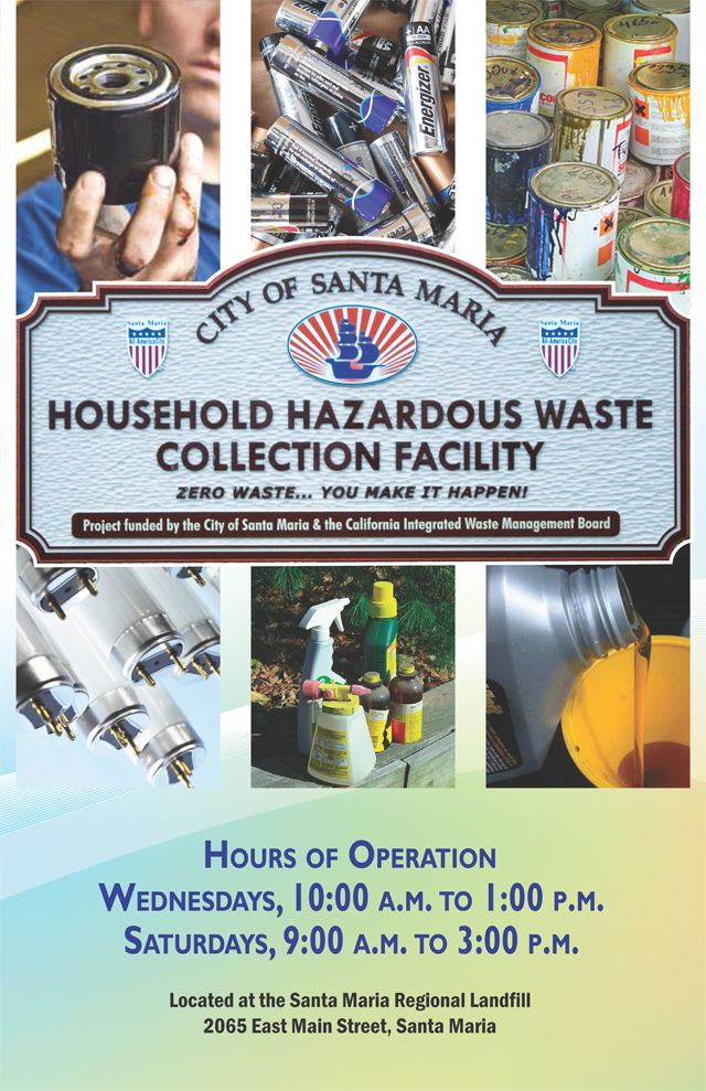 Image of brochure depicting Household Hazardous Waste Facility. Hours of operation are Wednesdays from 10 to 1, and Saturdays from 9 to 3.