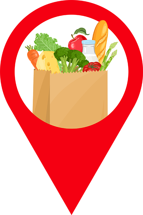 Graphic of map pin drop for grocery bag 